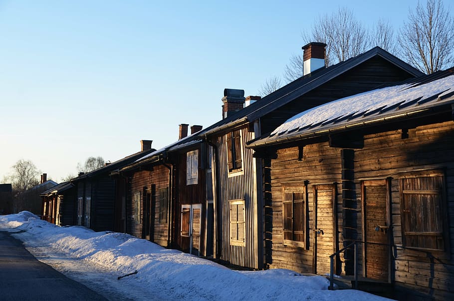 marrón, de madera, casas, cubierto, nieve, al lado, desnudo, árbol, durante el día, skellefteå