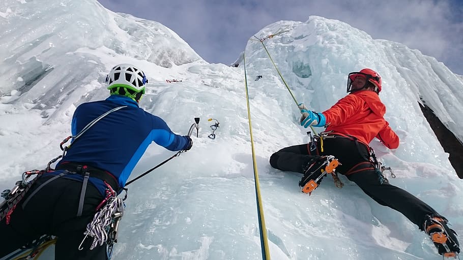 dua, orang, memanjat, dinding es, panjat es, es, olahraga ekstrim, beku, pendaki es, alat es