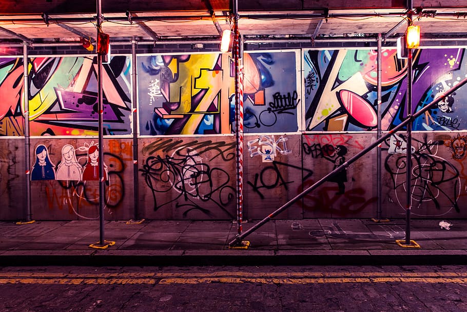 graffiti, building scaffold, east, london, Street art, scaffold, Shoreditch, East London, urban, night