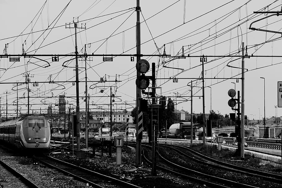 black and white, train tranks, trains, railroad, railway, power lines, signs, transportation, track, rail transportation