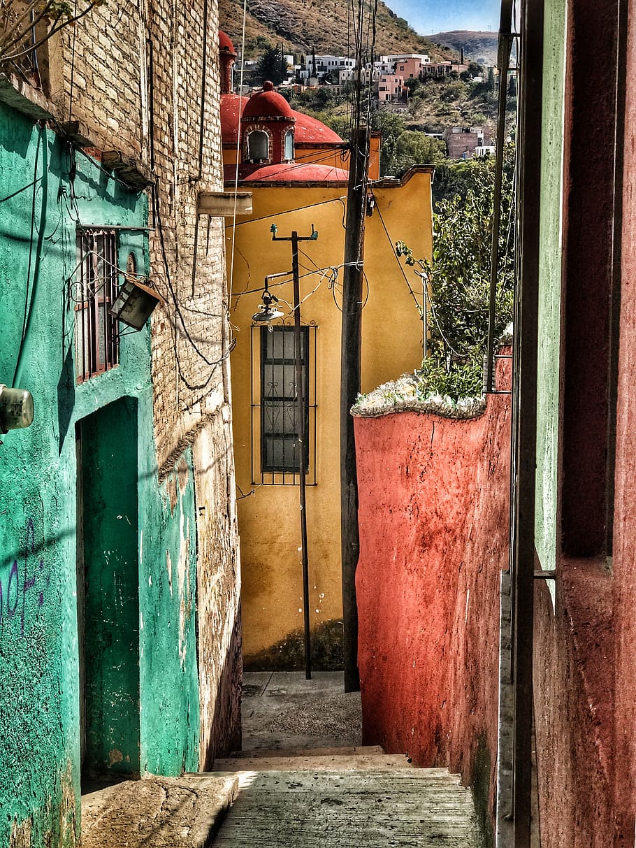 黄色, 緑, ペンキの家, 昼間, グアナファト, メキシコ, 通り, 建築, 歴史的, 建物外観