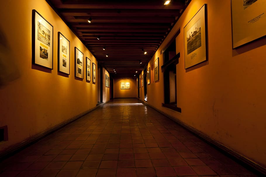well-lit hallway, framed, photos, museum, alley, paintings, building, culture, architectural, art gallery