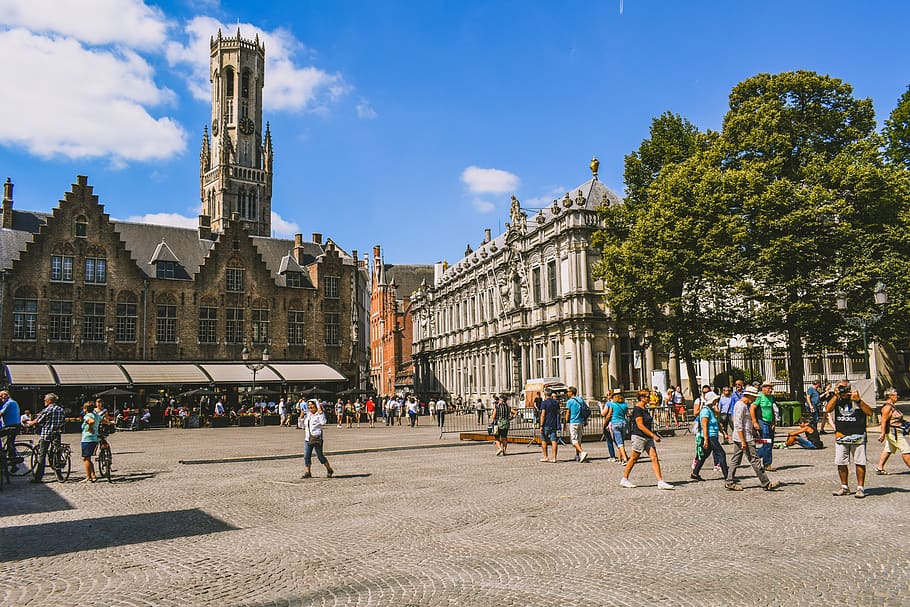 brugge, square, buildings, architecture, tourism, city, belgium, group of people, large group of people, crowd