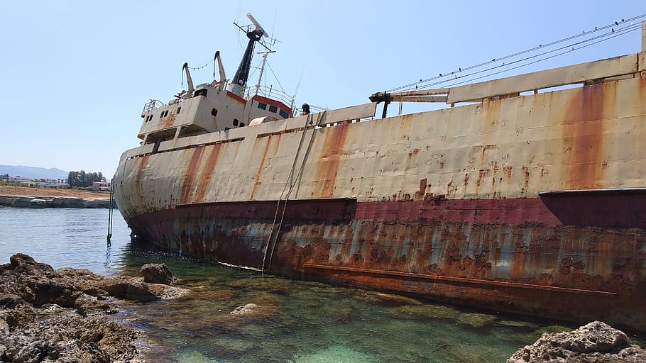 cyprus, paphos, the wreck, shipwreck, nautical vessel, transportation, water, ship, mode of transportation, freight transportation