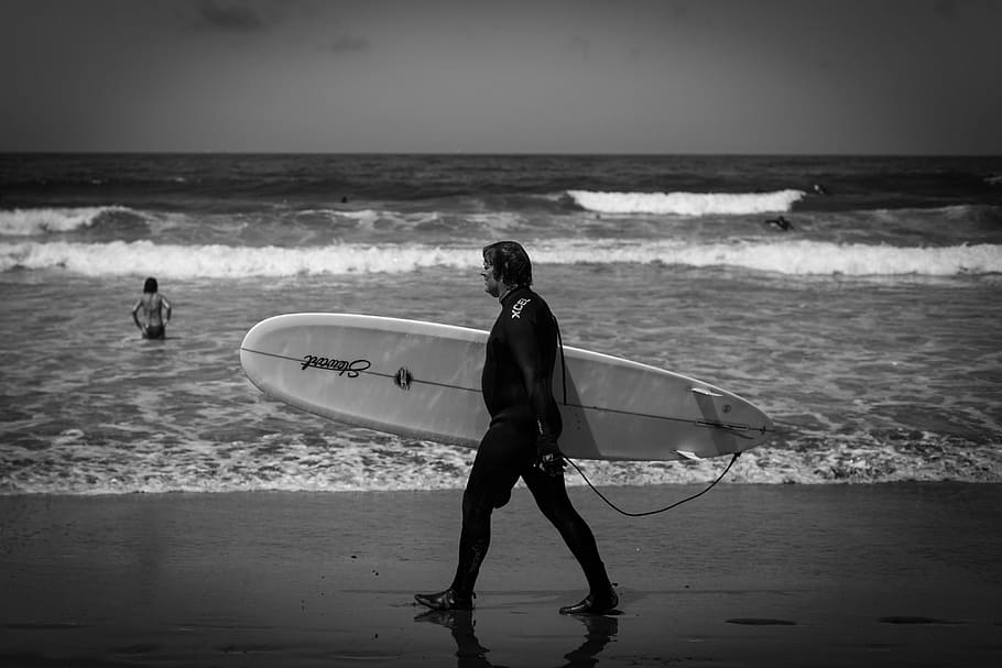 surfer, surf, surfboard, waves, black and white, monochrome, surfing, ocean, beach, summer