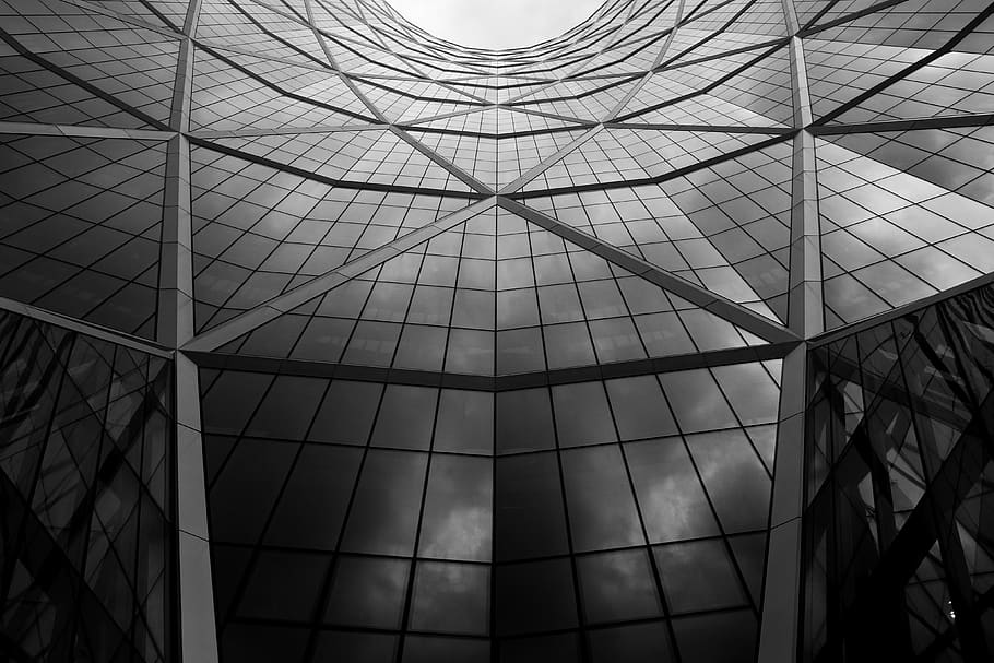 building, architecture, windows, black and white, built structure, pattern, indoors, low angle view, ceiling, geometric shape