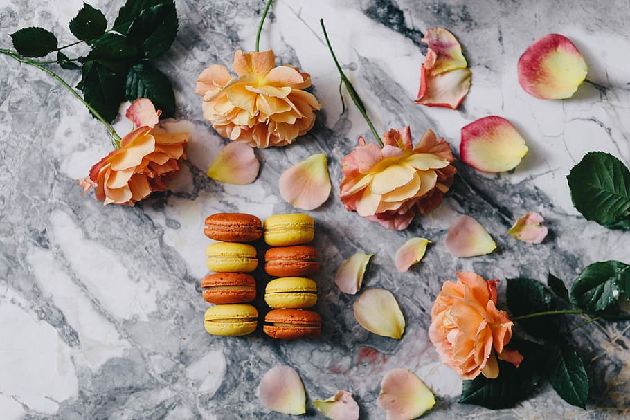 overhead, view, macarons, marble slab, Overhead view, marble, slab, roses, yellow, sweet