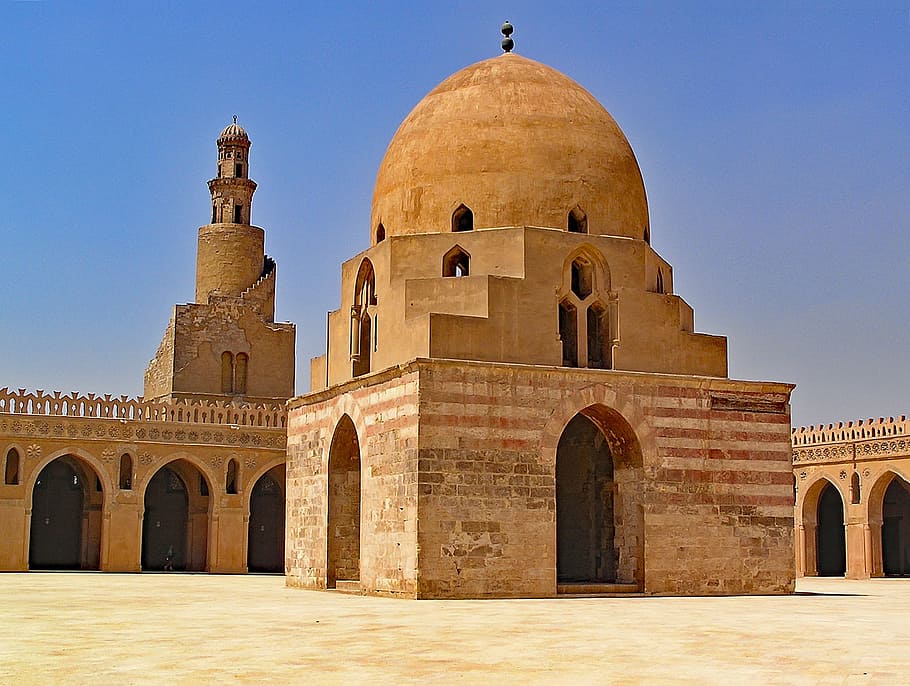 Marrón, templo, rodeado, pared, torre, ibn tulun, mezquita, el cairo, egipto, áfrica