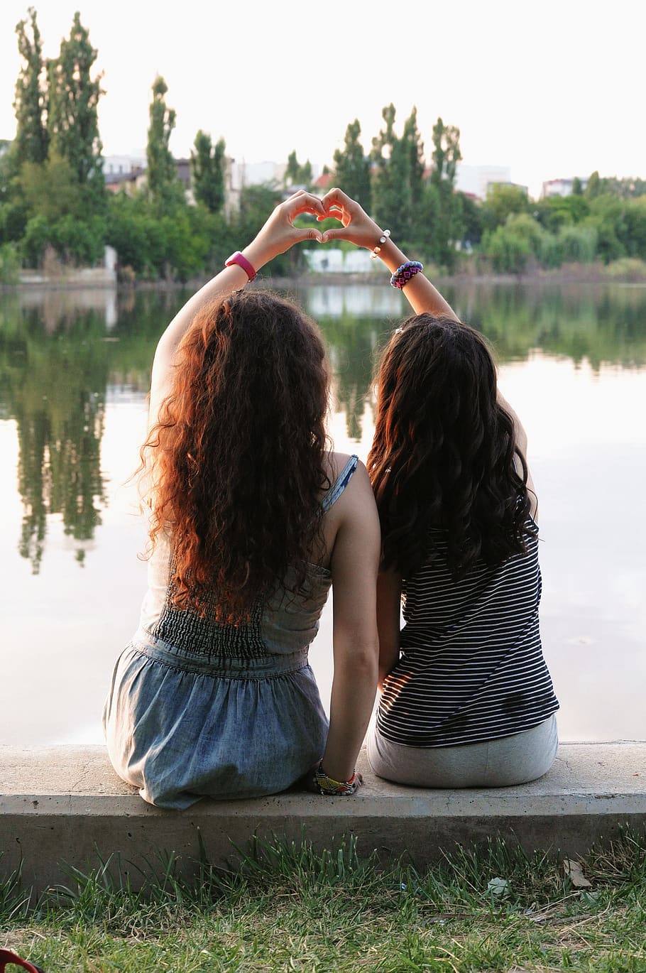 friendship, sisters, heart, lake, water, trees, two, girls, rear view, two people