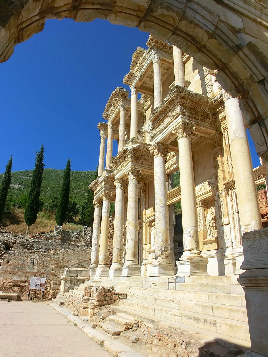 ephesus, celsus, library, turkey, roman, drop-off, ruin, antique, cypress, architecture