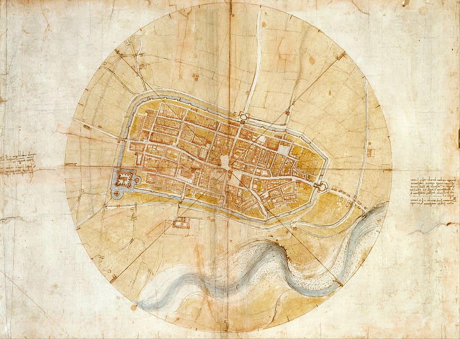 mapa, 1502, Leonardo da Vinci, Ímola, Itália, fotos, domínio público, velho, história, arquitetura