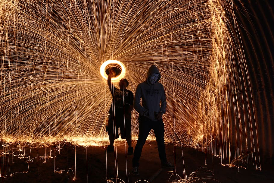 long, exposure photography, person, spinning, fireworks, steelwool, firespin, art, people, dark