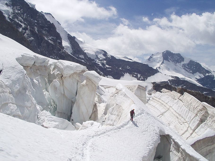 glacier, crevasse, ice, snow bridge, north wall, rope, climb, snow, winter, cold temperature