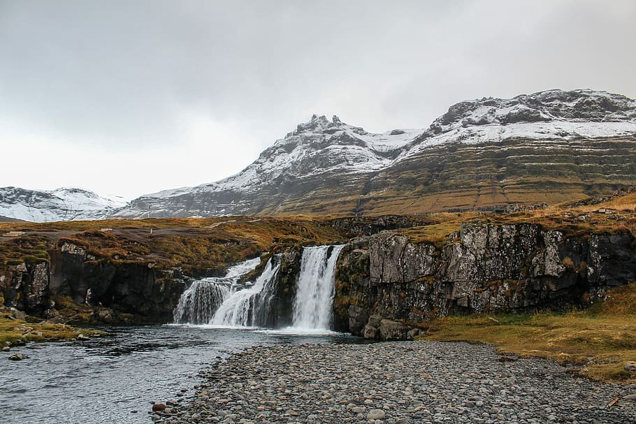 water, falls, gray, mountain, clouded, sky, water falls, gray mountain, nature, iceland