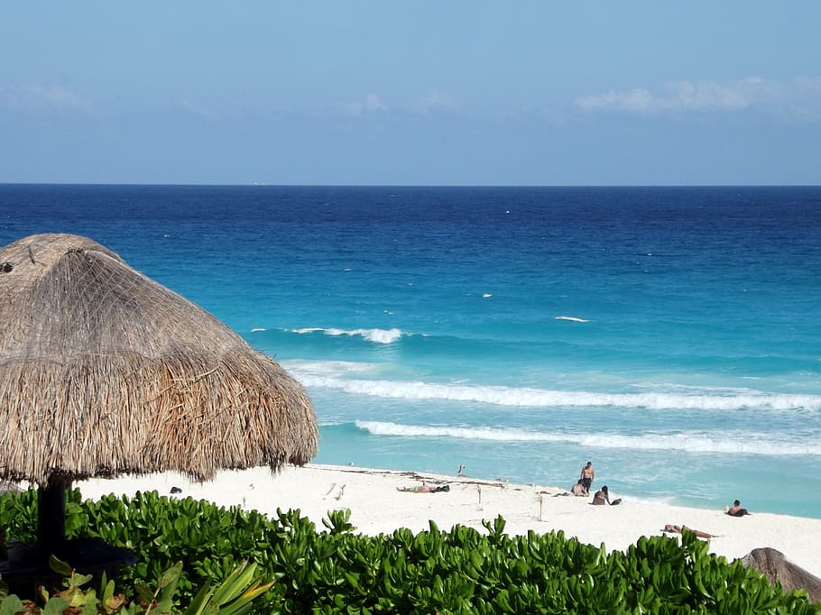 beige, hut, beach, cancun, sea, landscape, horizon, holiday, blue, waves