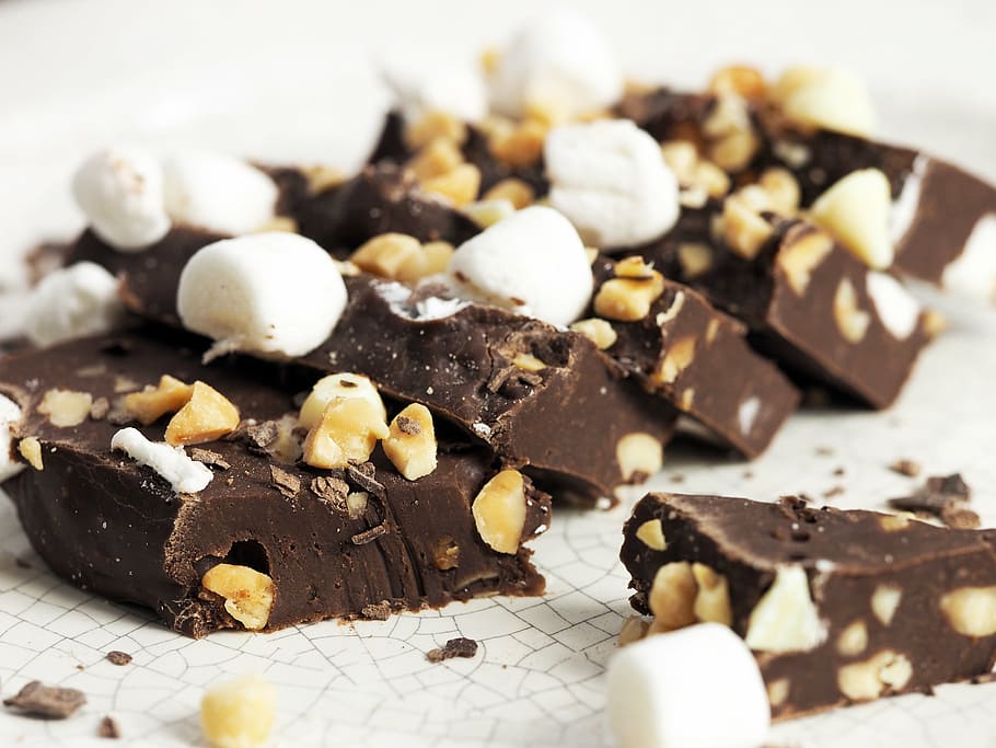chocolate bar, nuts, marshmallow, fudge, sugar, sweet, food, dessert, snack, chocolate