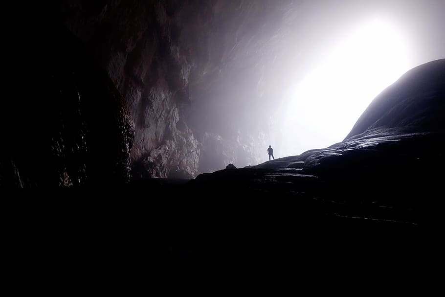 man, standing, inside, tunnel, silhouette, cave, nature, underground, shadows, light