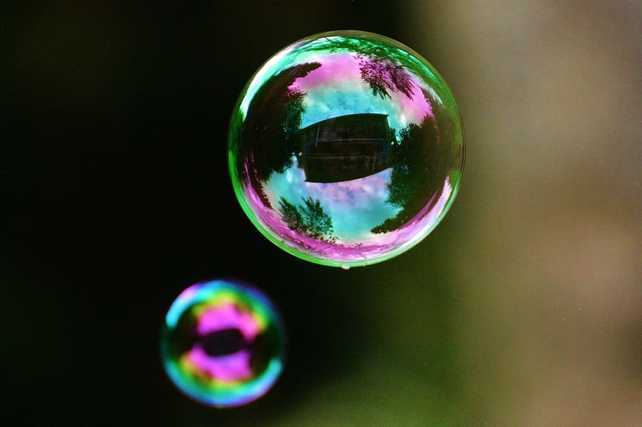 two bubbles, soap bubbles, colorful, balls, soapy water, make soap bubbles, float, mirroring, bubble, soap Sud
