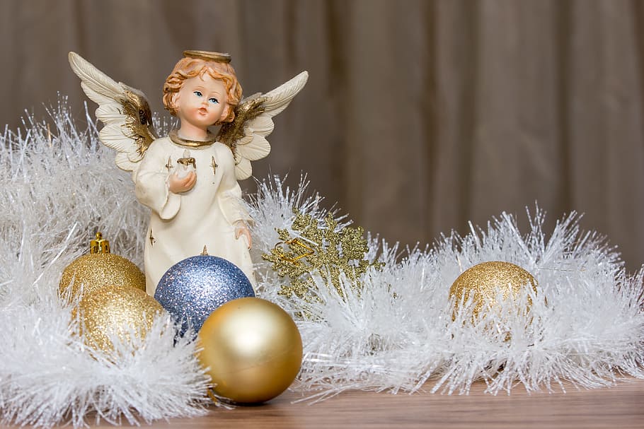 cherub figurine, assorted-color baubles, christmas presents, happy new year 2018, christmas, 2018, holiday, happy, present, celebration