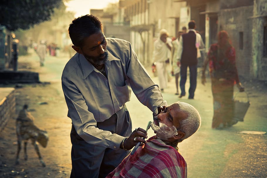 selective, focus photography, man shaving beard, barber, vrindavan, india, travel, traditional, krishna, culture