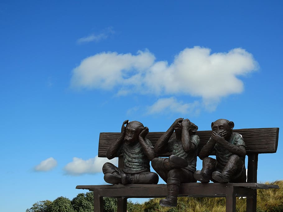 three, wise, monkeys, sitting, bench statues, art, sculpture, statue, artwork, metal