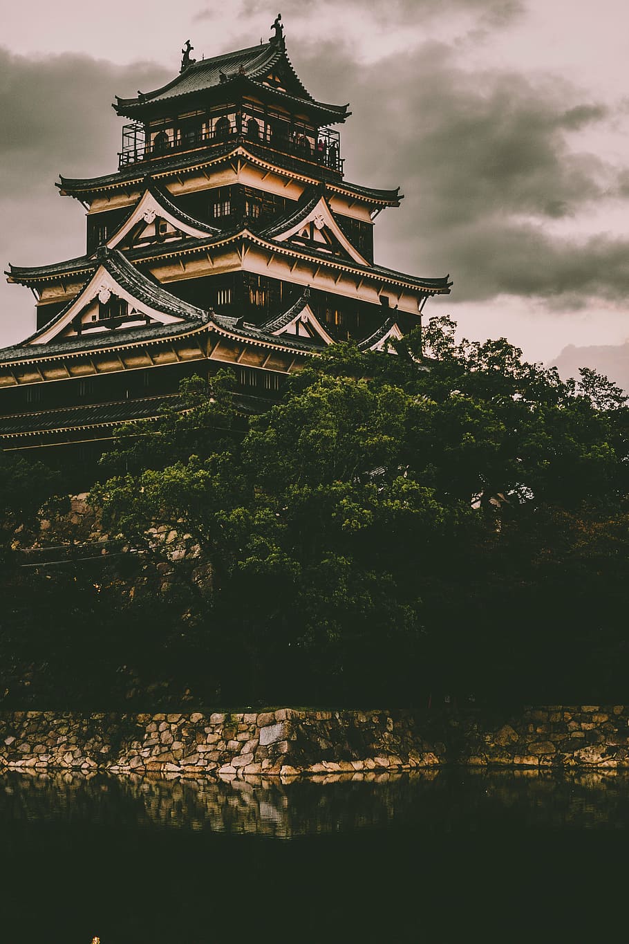 black, brown, shrine, cloudy, sky, architecture, building, infrastructure, design, hiroshima castle
