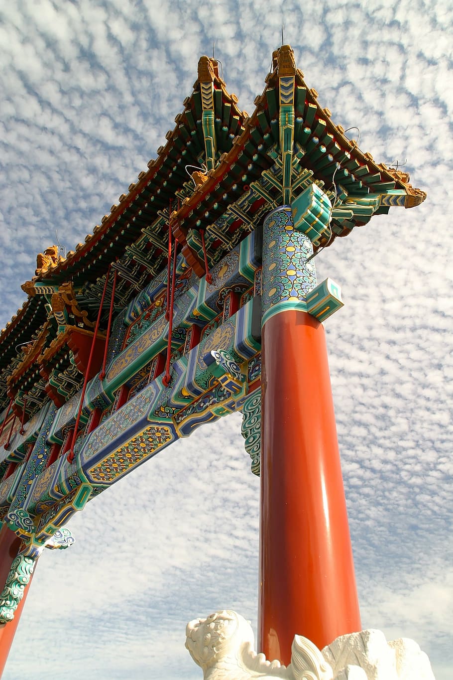 low, angle photo, orange, green, gate, white, clouds, himmelstor, china, temple