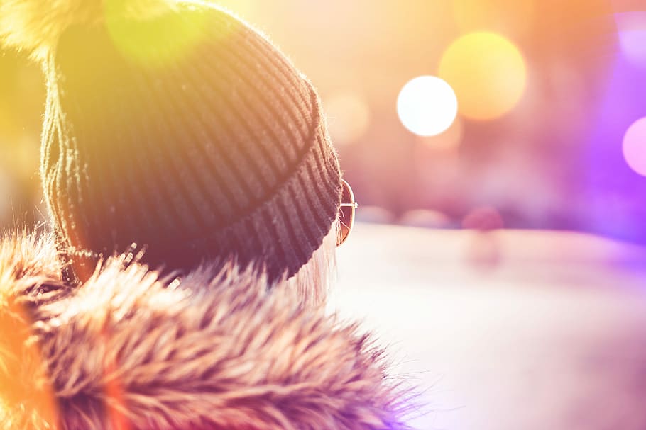 girl, winter hat, crazy, colorful, edit, Girl in Winter, bokeh, cold, flares, hat
