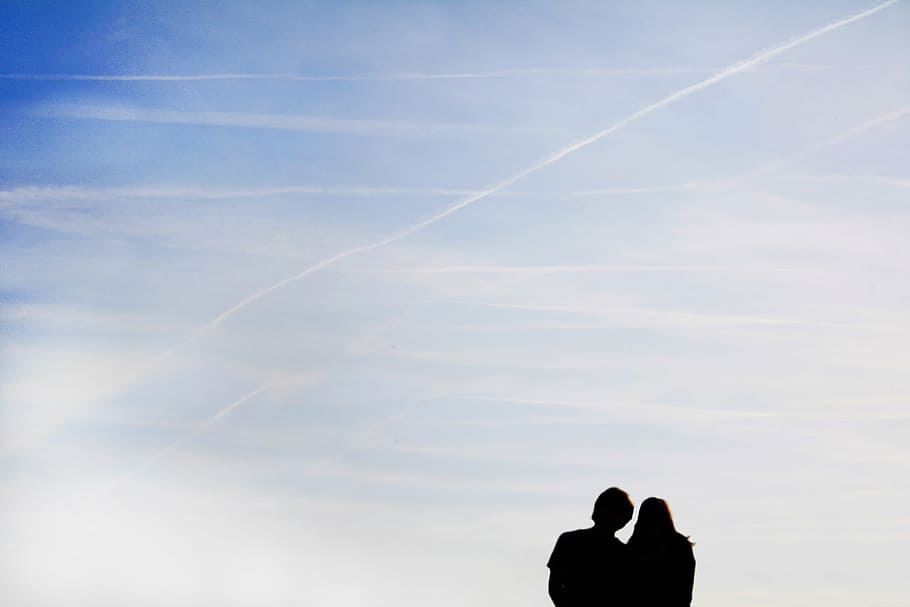 sky, pair, couple, blue, human, silhouette, contrail, sky blue, personal, two