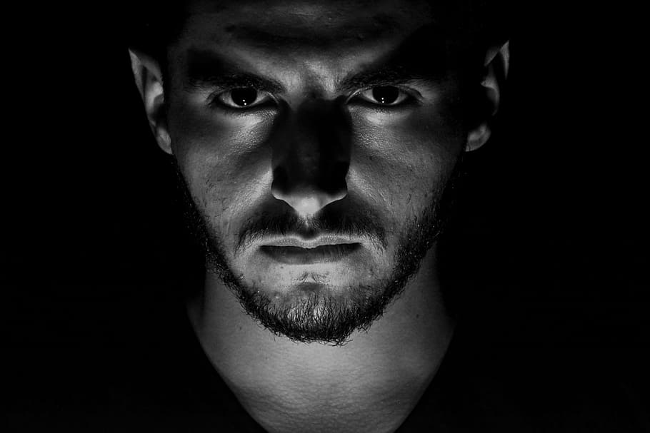 man, lighted, gray, scale photo, portrait, people, eyes, face, fort, dark