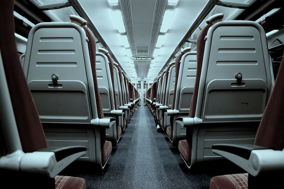 photography, gray, brown, vehicle seats, seats, train, transportation system, travel, mode of transportation, vehicle interior