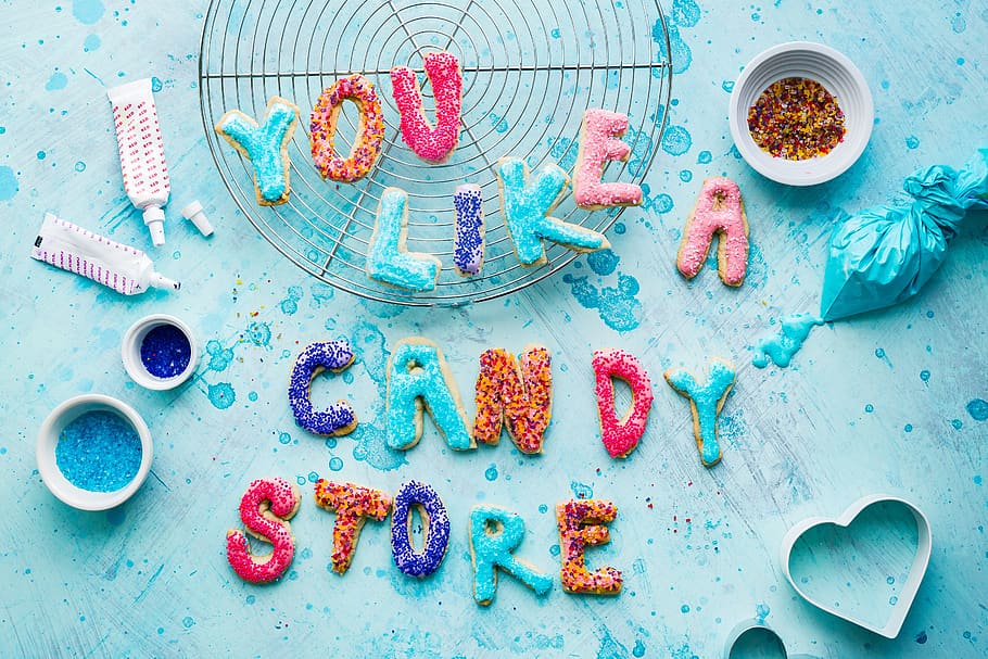 candy, store, sweet, design, art, table, pastry, cookie, spell, high angle view