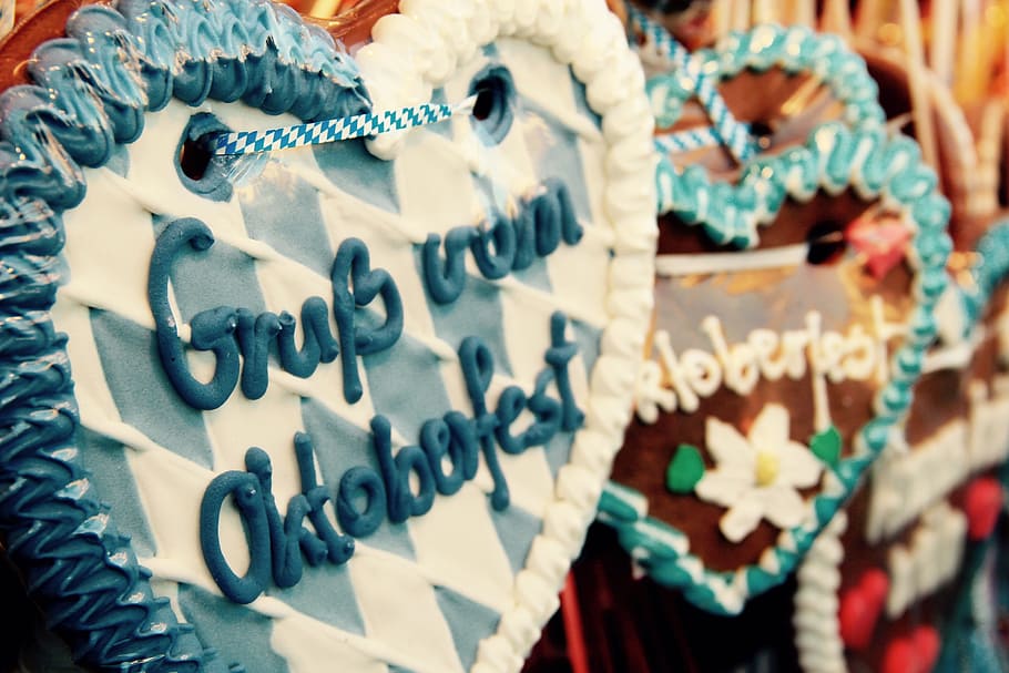 heart-shaped, blue, white, decor, oktoberfest, munich, heart, folk festival, gingerbread heart, frosting
