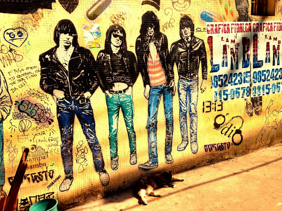 four, men wall paint, ramones, band, music, rock, goth, punk, artist, art