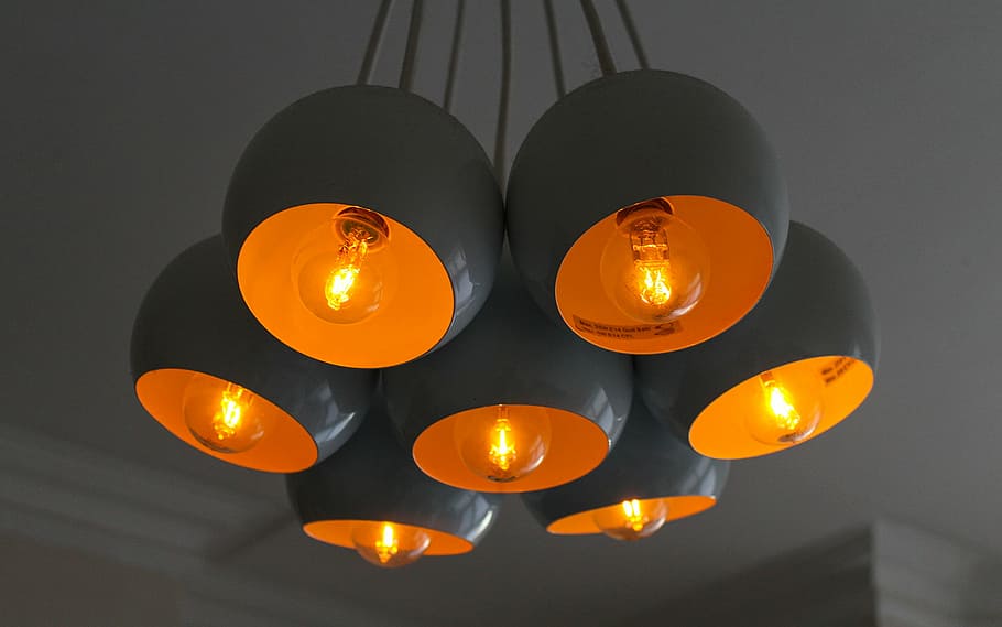 lit, grey, orange, pendant lamps, white, downlight, chandelier, turn, lights, light bulb