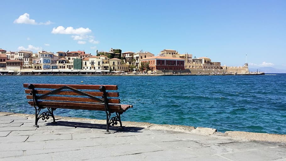 parked, seat, surrounded, buildings, daytime, Bench, Sea, Mediterranean, Crete, Greece