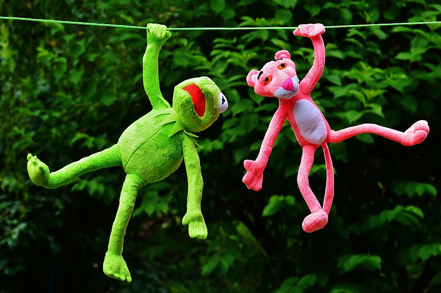 pink, panther, plush, toy, green, frog, hanging, rope, hang out, plush toys