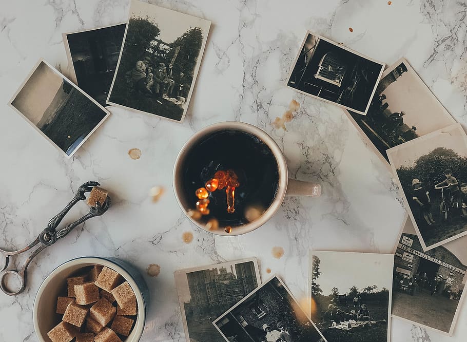 top-view photograph, ceramic, cup, stack, photographs, coffee cup, old photos, marble, vintage photos, coffee