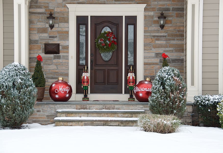 casa, decoraciones navideñas, exterior, puerta, arquitectura, entrada, decoración, hogar, navidad, invierno
