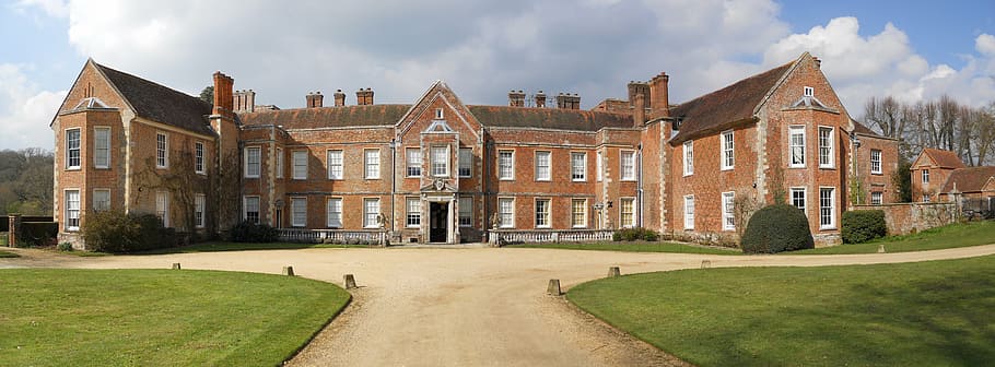brown, brick two-storey house, england, panorama, the vyne, tudor house, basingstoke, kings and queens, architecture, building exterior