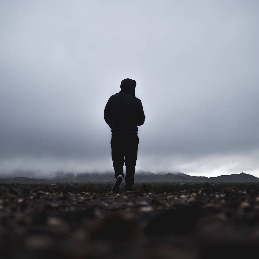 silhouette, person, wearing, black, hoodie, cloudy, sky, guy, man, walking