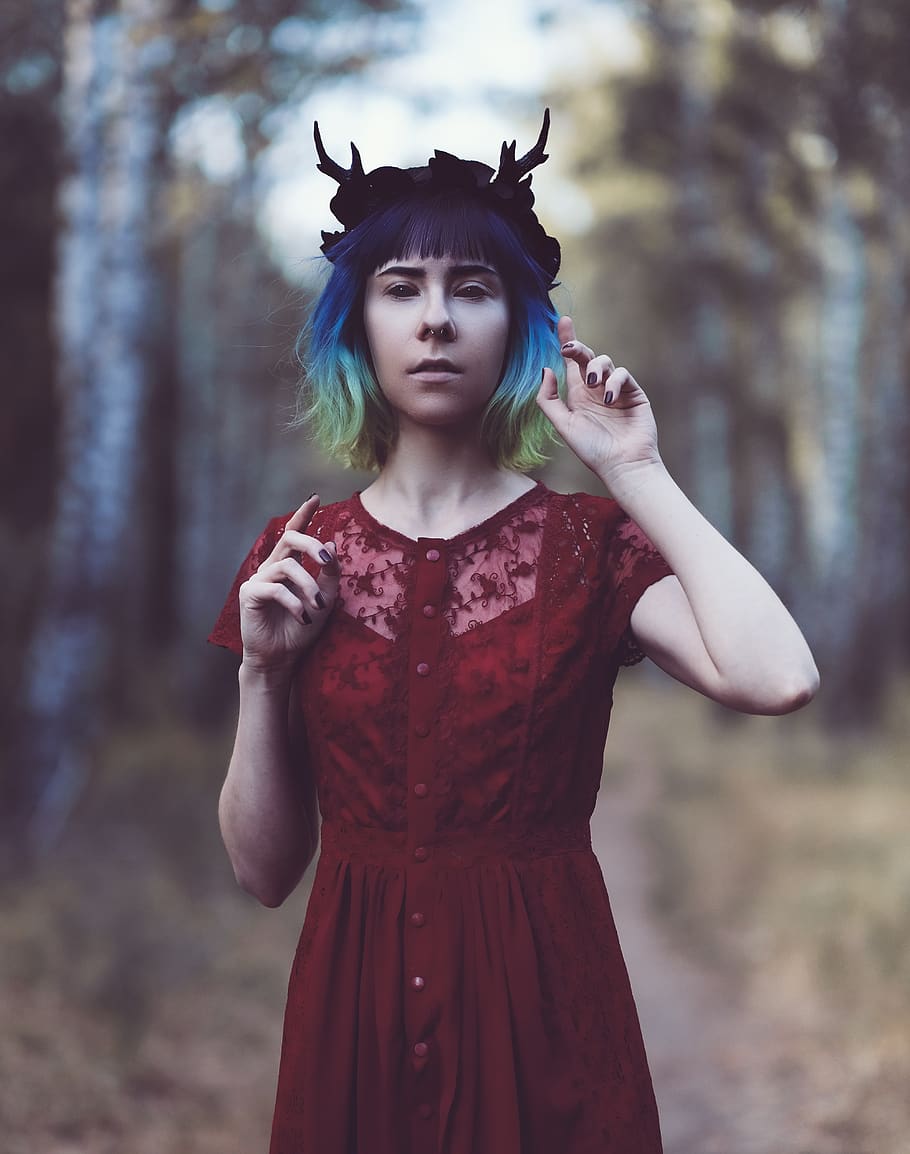 woman, horns, forest, fantasy, halloween, wicca, girl, demon, female, goth