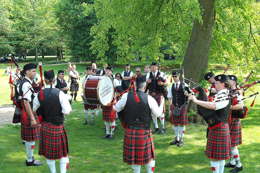 bagpipes, highlands and islands, scottish, event, highland gathering, music, group of people, tree, crowd, plant