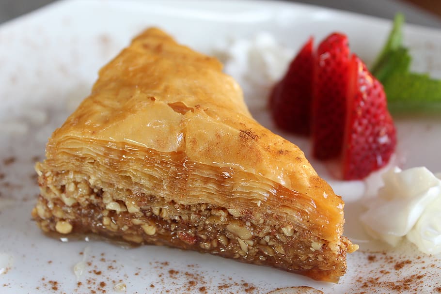 baklava, greek, strawberry, dish, sweet, dessert, red, delicious, food, food and drink