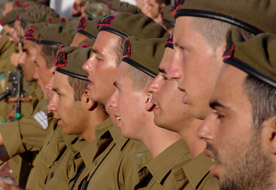 soldado, vestindo, marrom, chapéu, soldados, exército, homens, pessoas, jerusalém, guerra