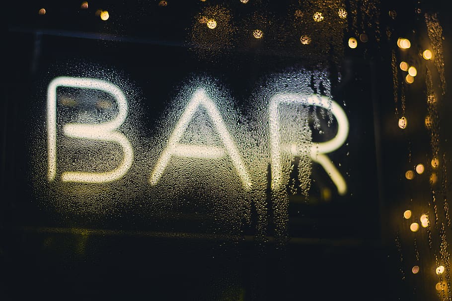 bar, establishment, window, wet, droplets, water, liquid, lights, signage, glass