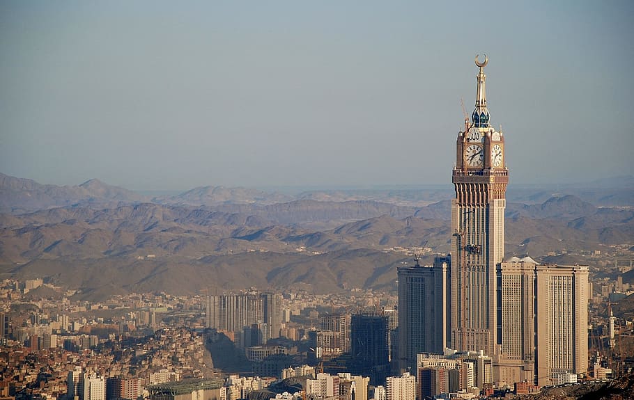 aerial, building, clock tower, Mecca, Saudi Arabia, mekkah, saudi, arabia, muslim, arabic