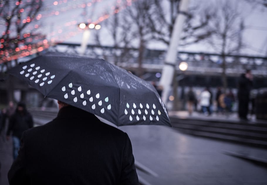 people, walking, street, blur, umbrella, bokeh, wet, rain, city, protection