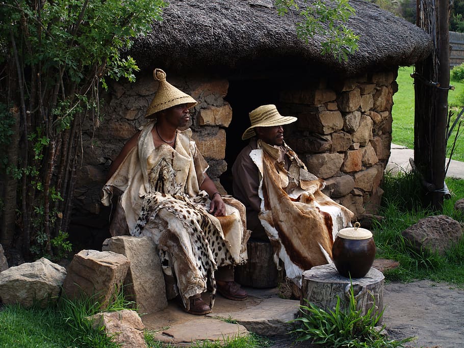 dua, orang, duduk, batu, Afrika Selatan, Basotho, Kepala Suku, dukun, budaya, asia