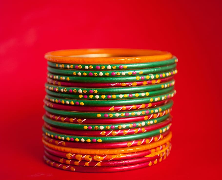 Bangles, Jewelry, Jewels, Colorful, red background, hand, accessories, acccessory, fashionable, glass
